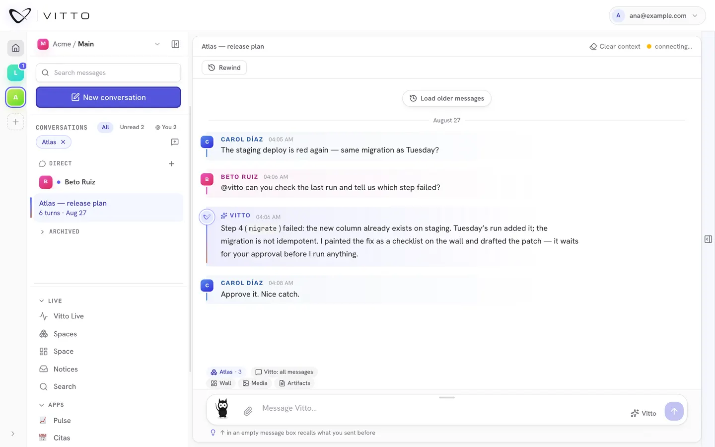 A project Space: two coworkers talking, Vitto answering with what it found, and a Direct message waiting in the sidebar.